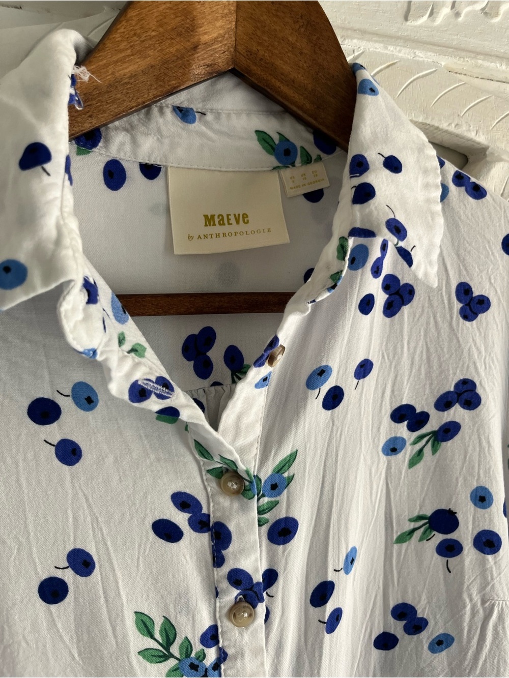 Maeve Anthropologie Blueberry Print Button Front Blouse Size 6 Blue White